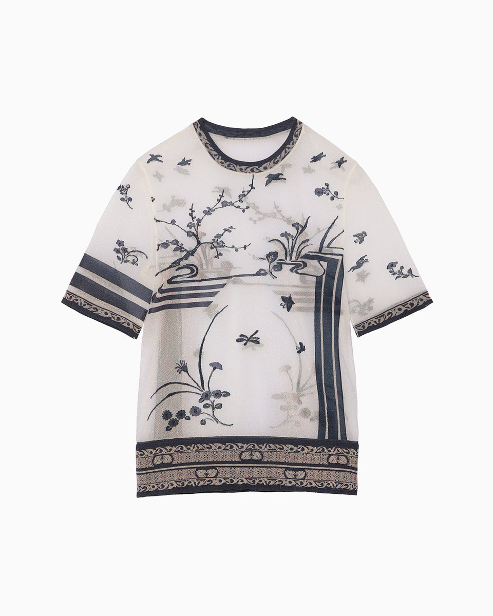 トップス Nature Pattern Sheer Knitted Crew Neck Nature Pattern Sheer Knitted Crew Neck Top-black – OBLIGE