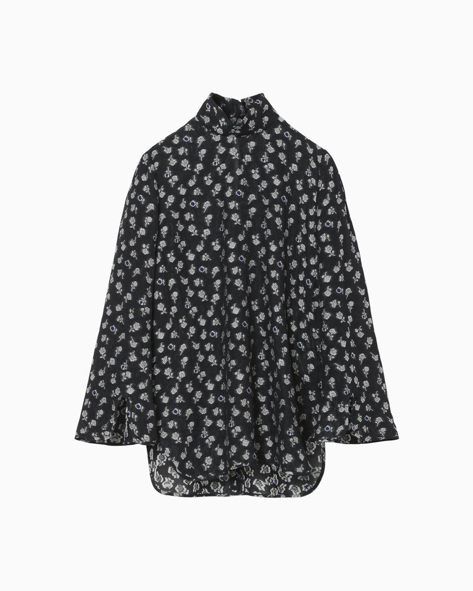 Floral Jacquard Hight Neck Blouse - navy - Mame Kurogouchi