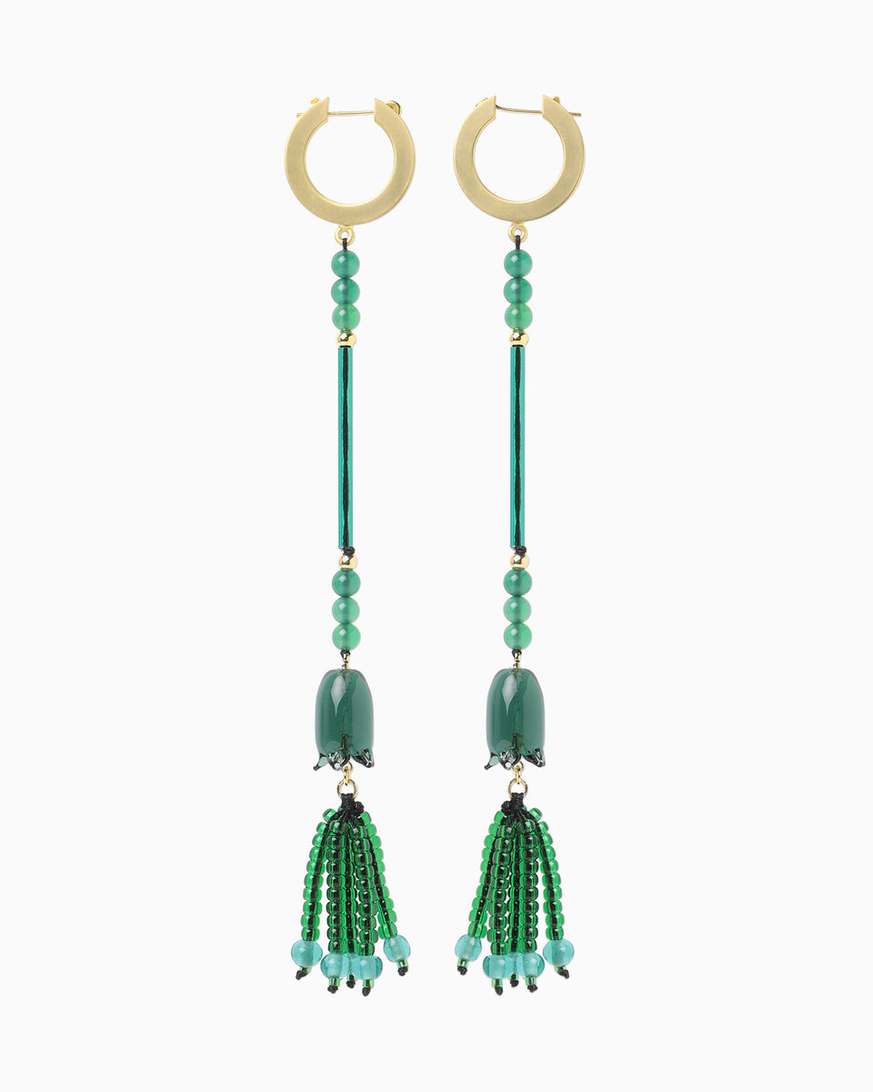 Floral Motif Long Glass Earrings - green - Mame Kurogouchi