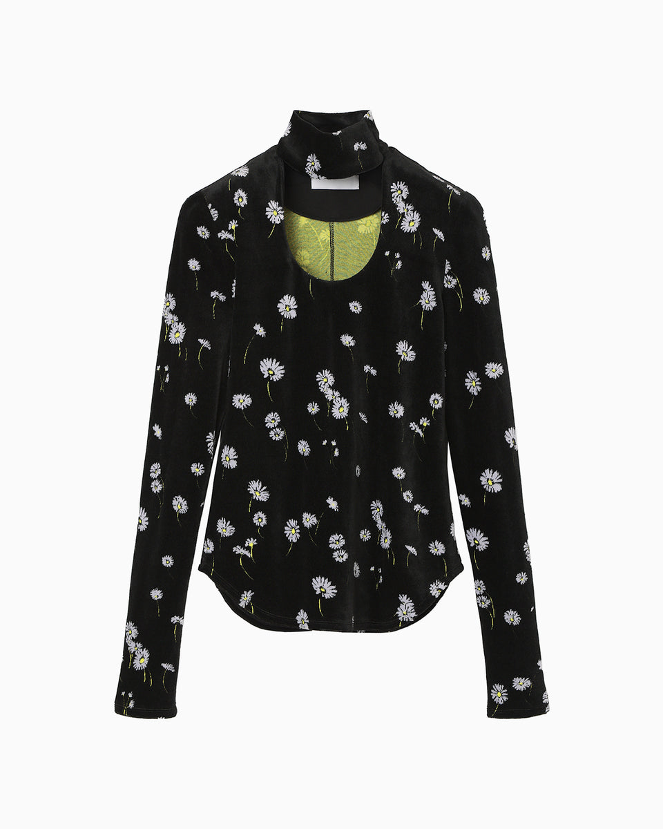 Velour Jersey Floral High Neck Top - black - Mame Kurogouchi