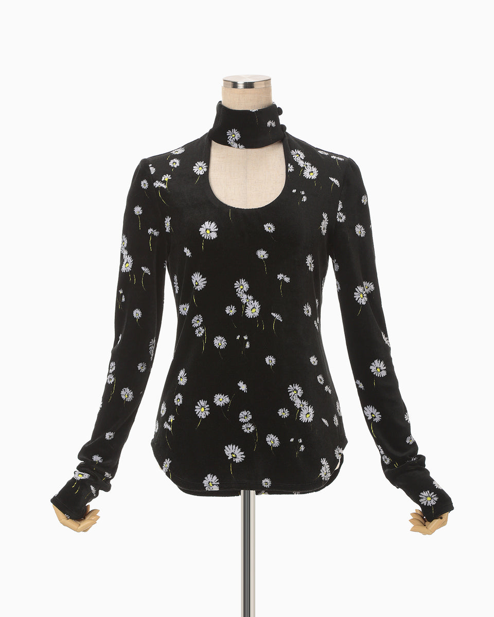 Velour Jersey Floral High Neck Top - black - Mame Kurogouchi