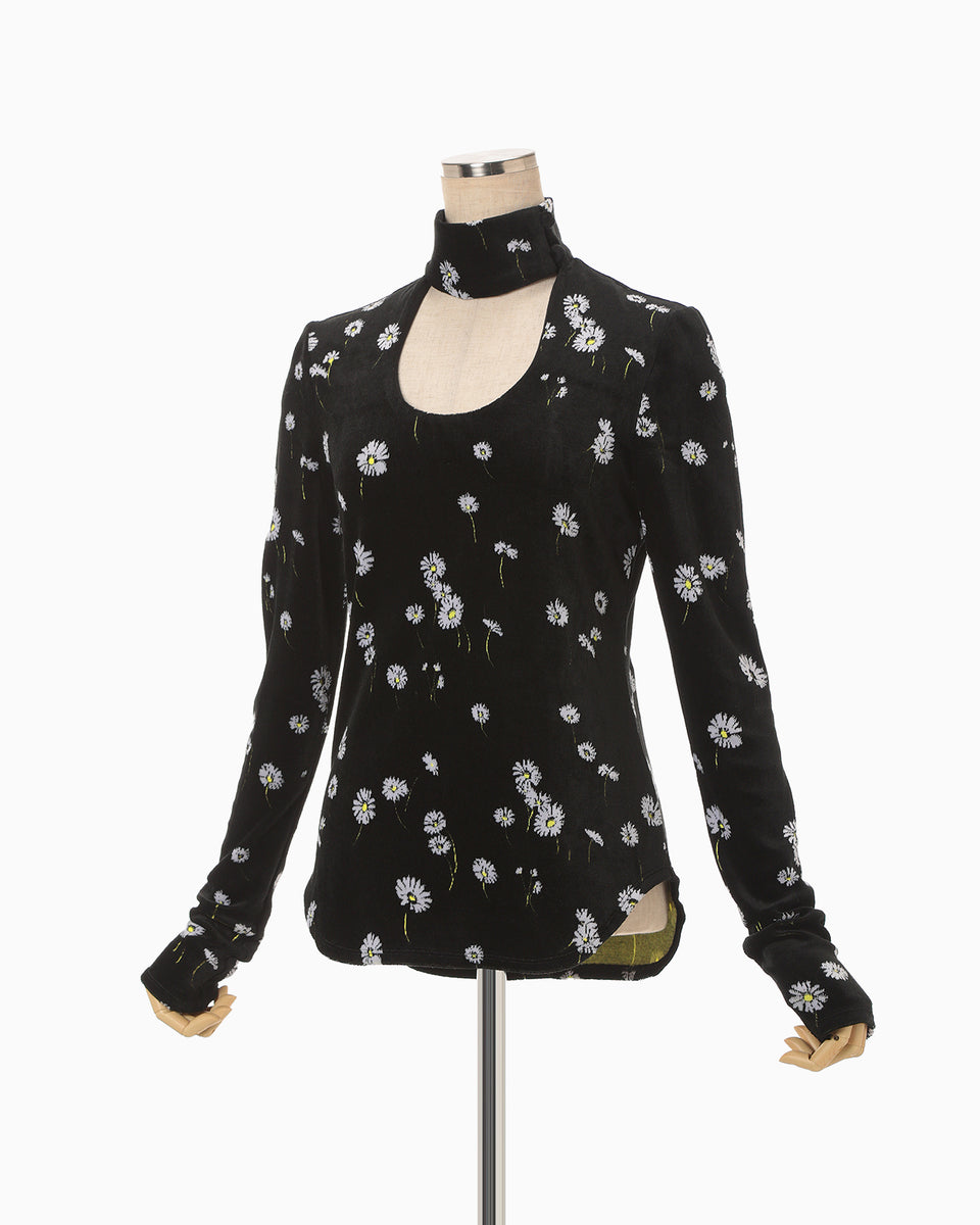 Velour Jersey Floral High Neck Top - black - Mame Kurogouchi