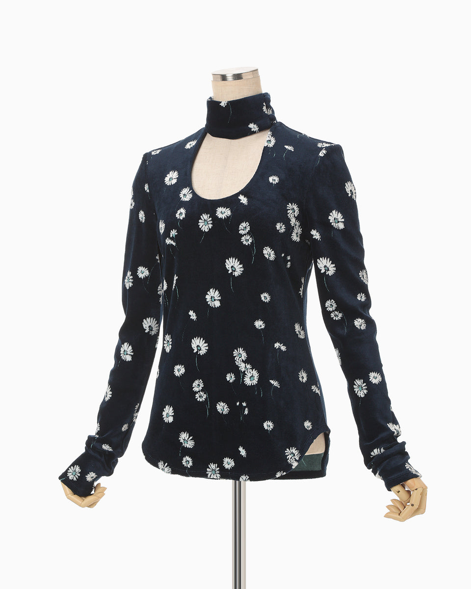 Velour Jersey Floral High Neck Top - navy - Mame Kurogouchi