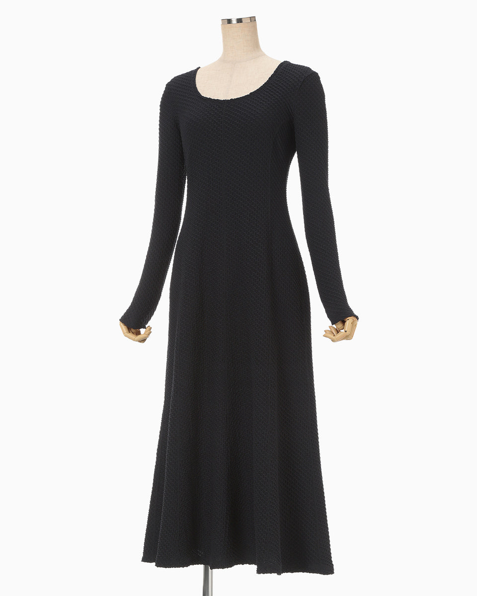Shirring Jersey Jacquard Long Sleeve Dress - navy - Mame Kurogouchi