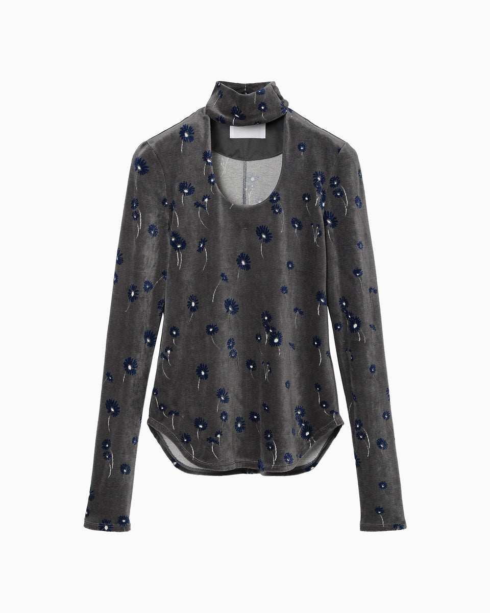 Velour Jersey Floral High Neck Top - grey - Mame Kurogouchi