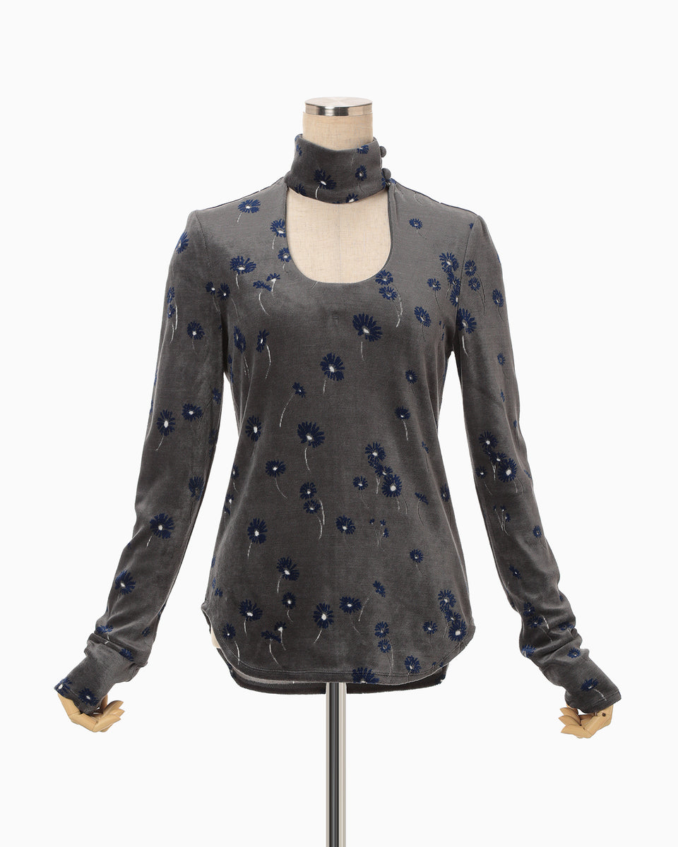 Velour Jersey Floral High Neck Top - grey - Mame Kurogouchi