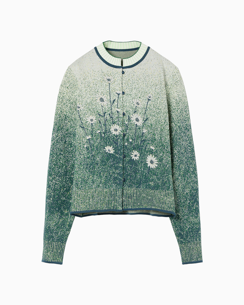 Floral Jacquard Graphic Knit Cardigan - green - Mame Kurogouchi