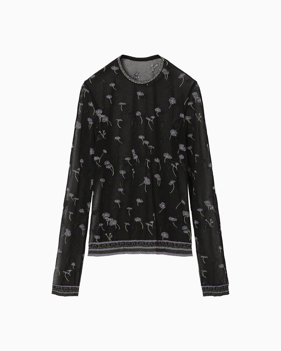 Mame Kurogouchi 刺繍入り長袖トップス Floral Pattern Long Sleeve Sheer Knit Top - black - Mame Kurogouchi