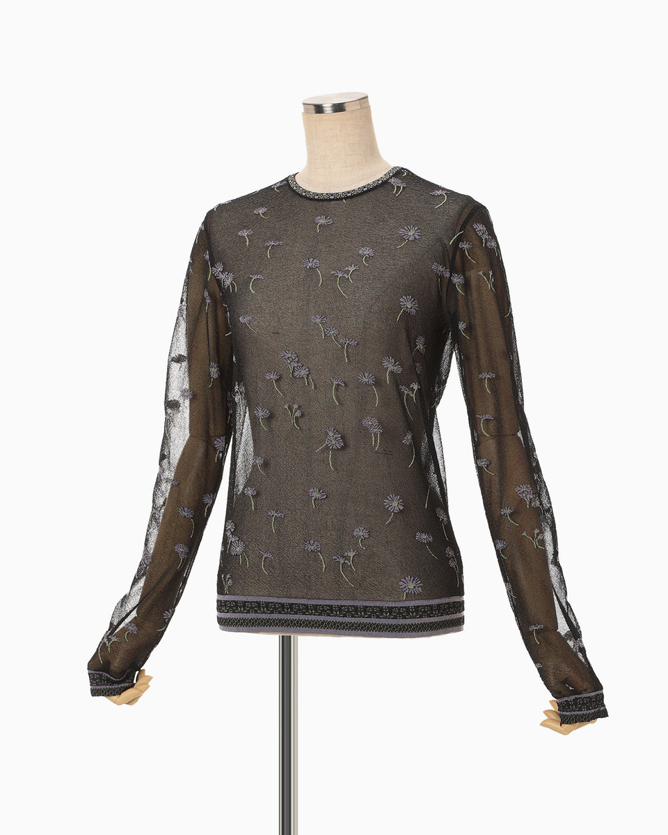 Floral Pattern Long Sleeve Sheer Knit Top - black - Mame Kurogouchi