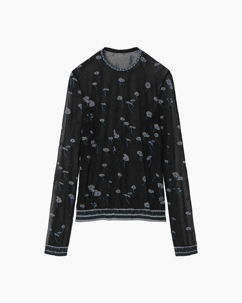 Floral Pattern Long Sleeve Sheer Knit Top - navy - Mame Kurogouchi