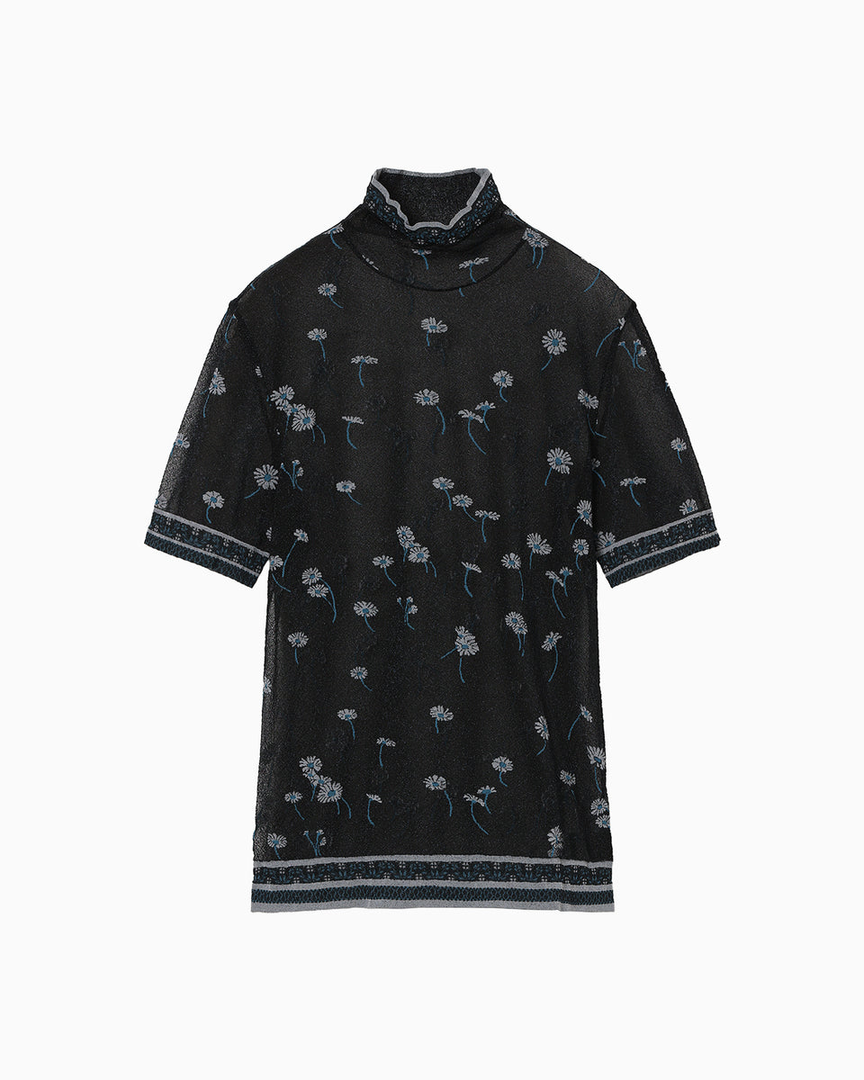 Floral Pattern Short Sleeve Sheer Knit Top - navy - Mame Kurogouchi