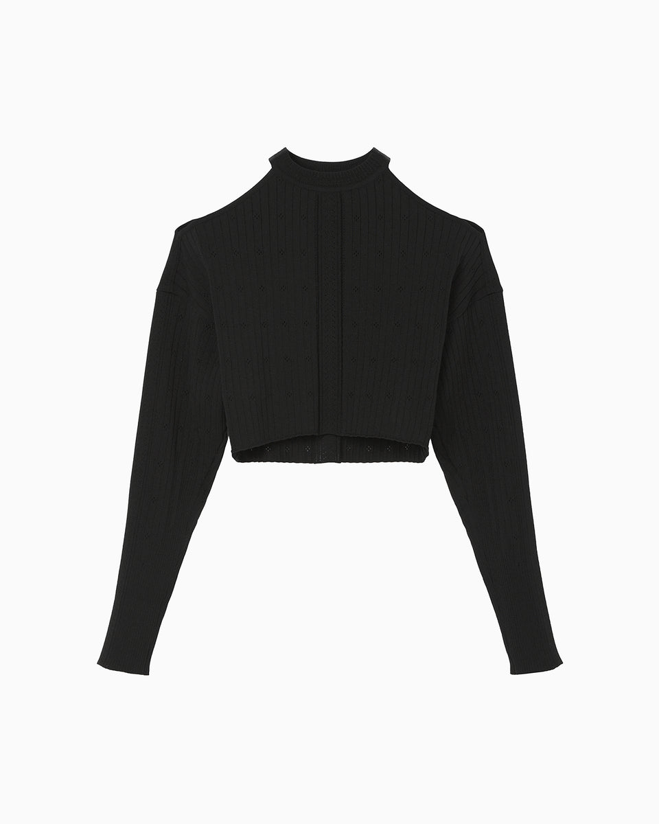 Ribbed Eyelet Knit Long Sleeve Top - black - Mame Kurogouchi