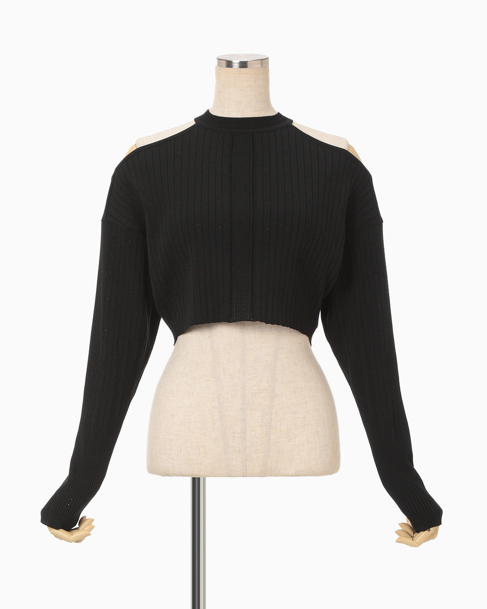Ribbed Eyelet Knit Long Sleeve Top - black - Mame Kurogouchi