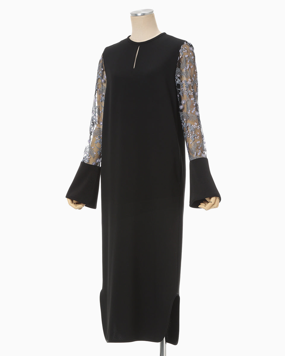 Tulle Lace Sleeve Classic Dress - black - Mame Kurogouchi