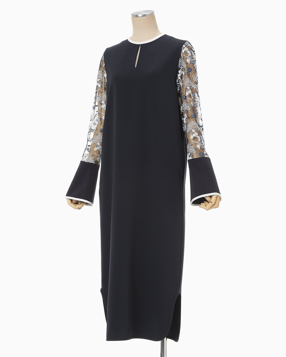 Tulle Lace Sleeve Classic Dress - navy - Mame Kurogouchi