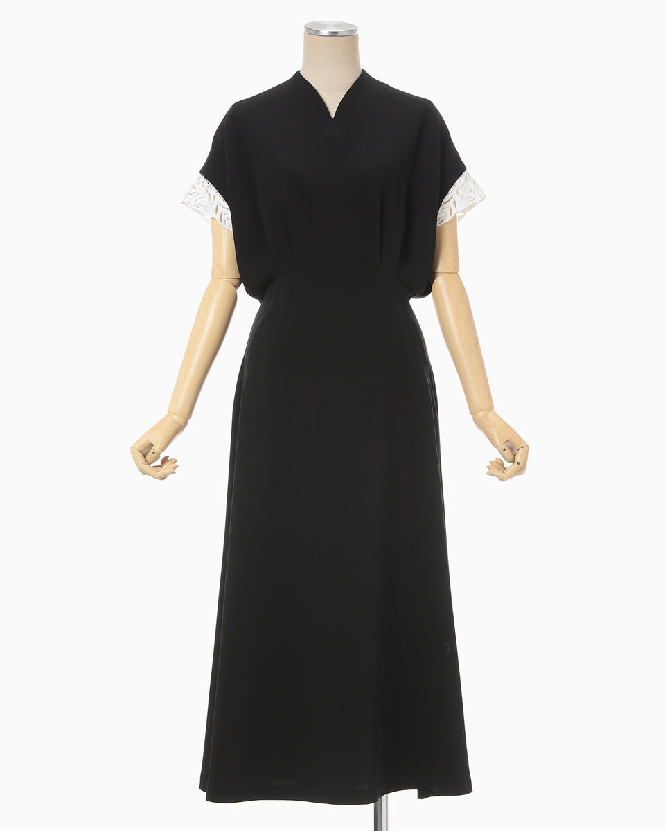 Triacetate Polyester Embroidered Short Sleeve Dress - black - Mame