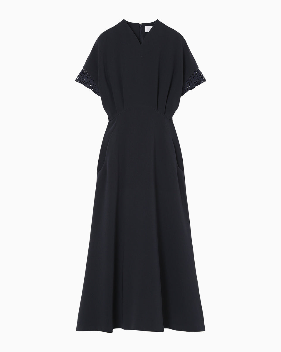 Triacetate Polyester Embroidered Short Sleeve Dress - navy - Mame