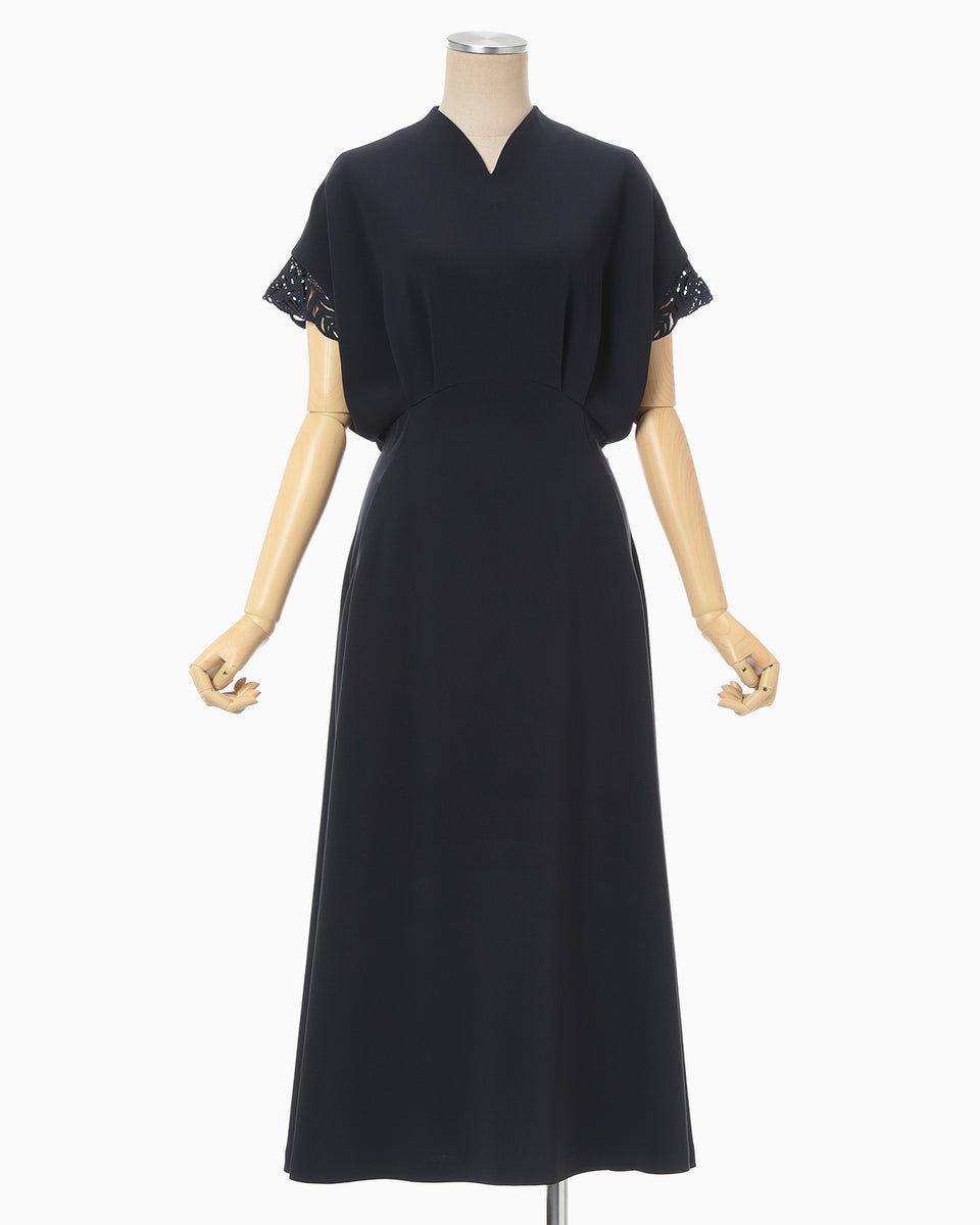 Triacetate Polyester Embroidered Short Sleeve Dress - navy - Mame