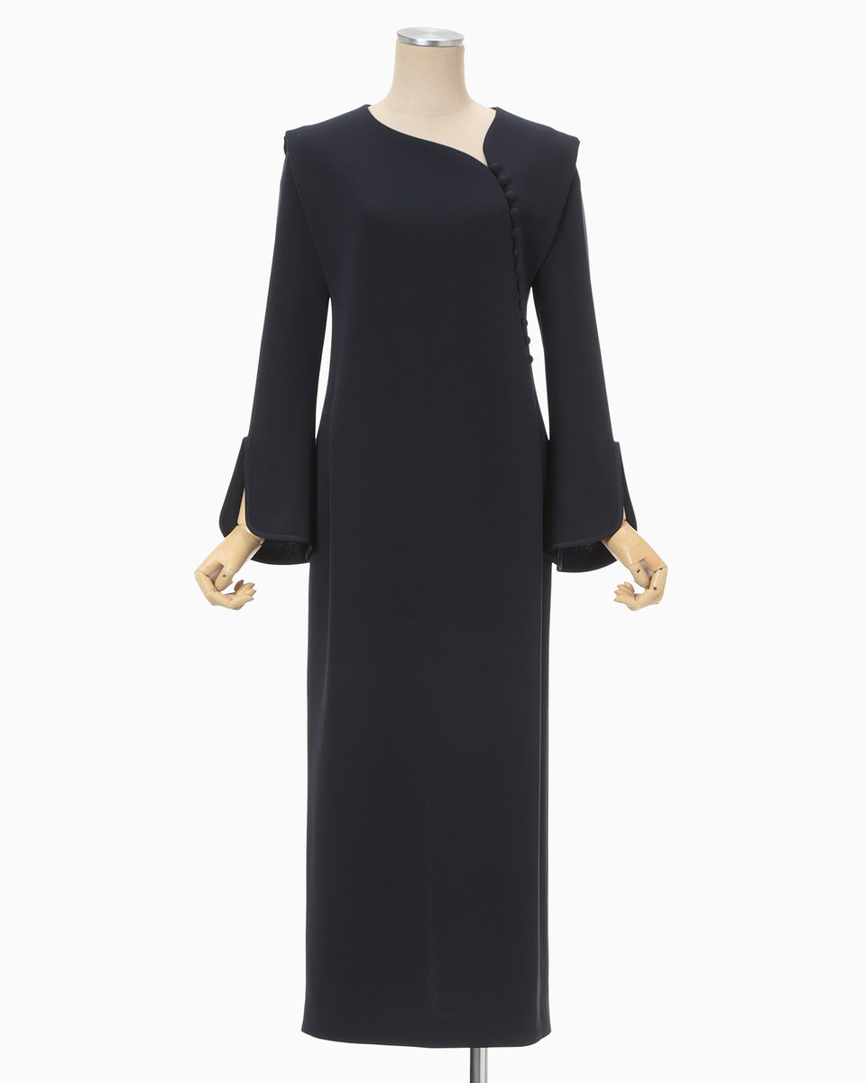 Triacetate Polyester Asymmetrical Neck Dress - navy - Mame Kurogouchi