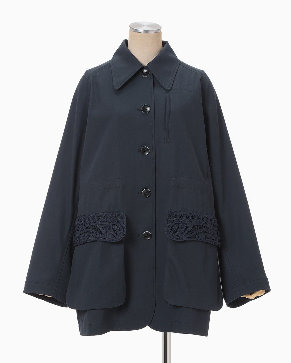 Cording Embroidery Detailed Middle Length Jacket - navy - Mame