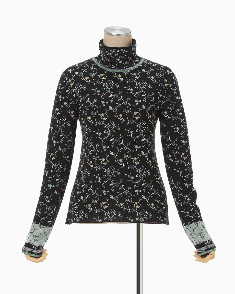 Floral Motif Glitter High Neck Knit Top - black - Mame Kurogouchi
