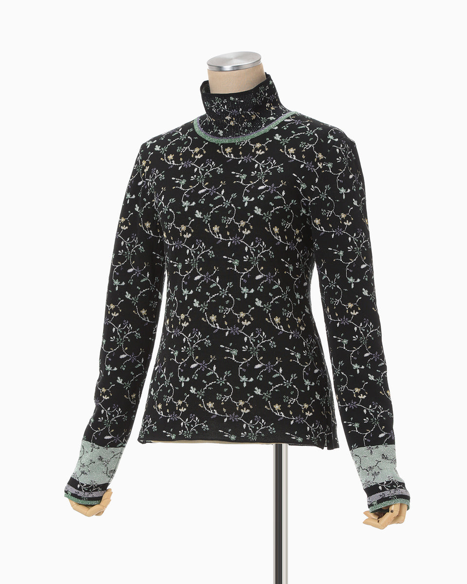 Floral Motif Glitter High Neck Knit Top - black - Mame Kurogouchi