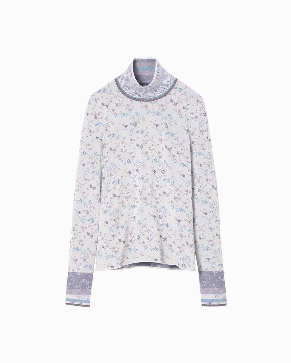 Floral Motif Glitter High Neck Knit Top - white - Mame Kurogouchi