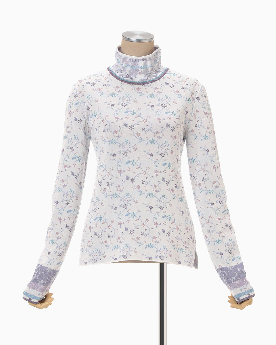 Floral Motif Glitter High Neck Knit Top - white - Mame Kurogouchi