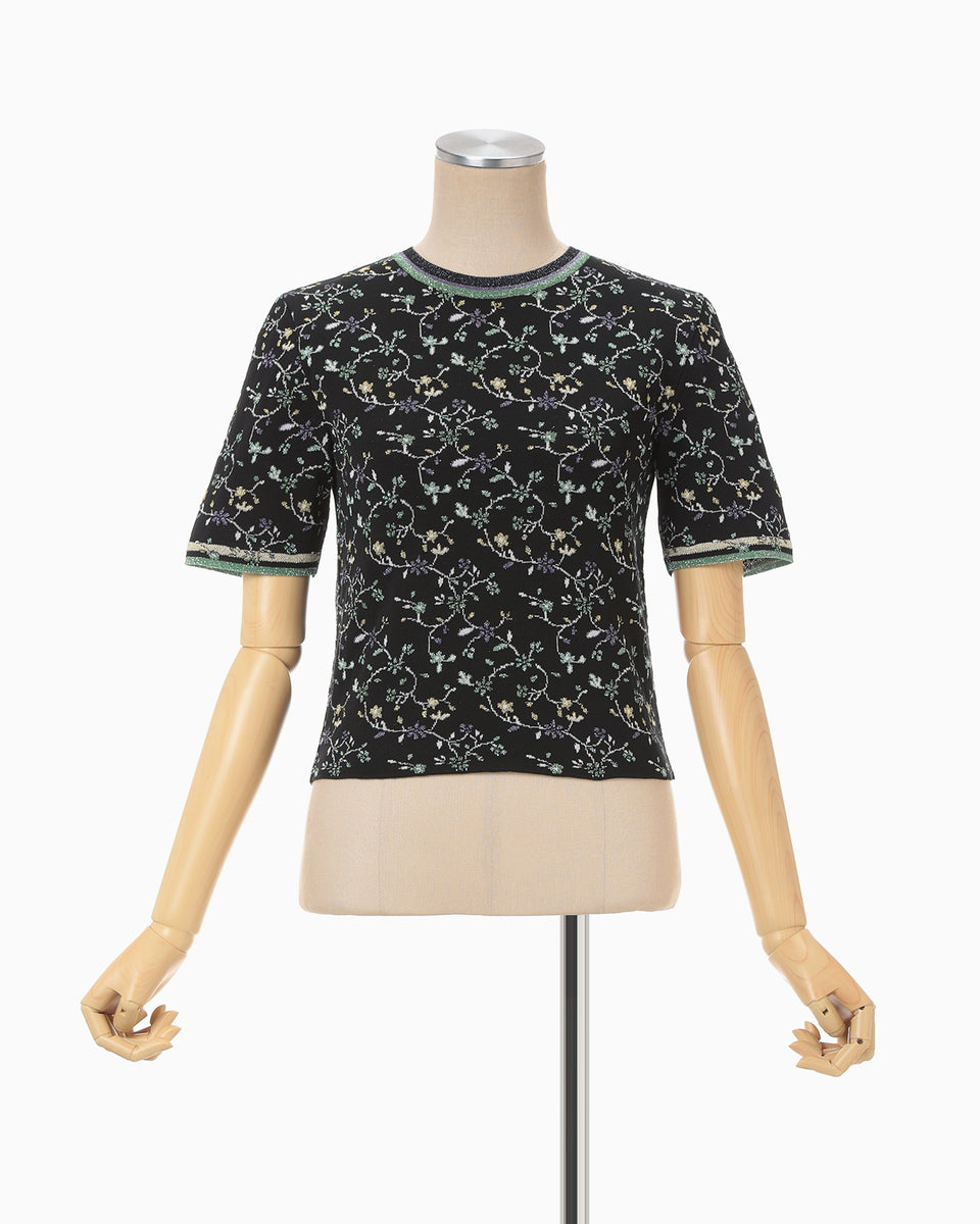 Floral Motif Glitter Short Sleeve Knit Top - black - Mame Kurogouchi