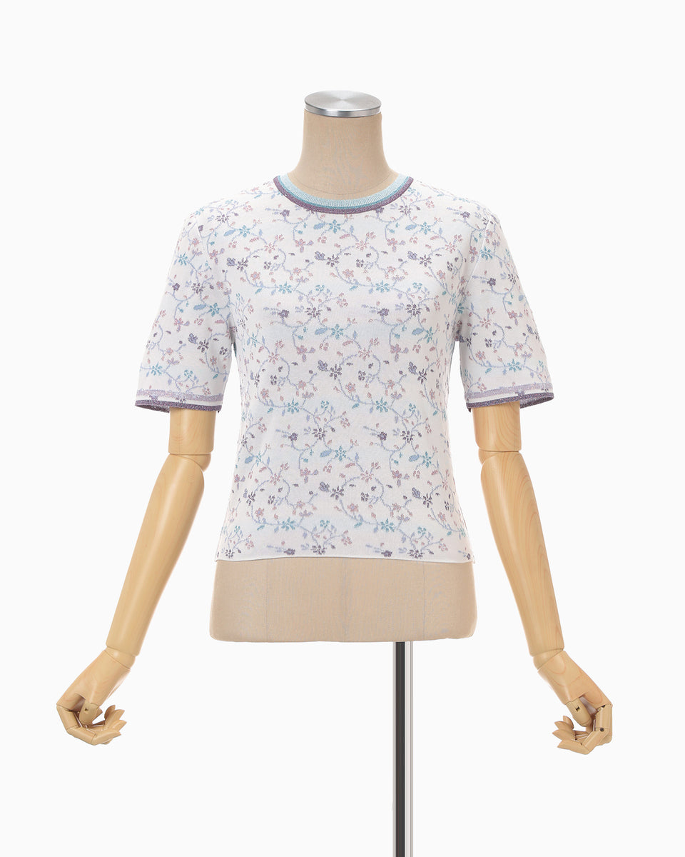 Floral Motif Glitter Short Sleeve Knit Top - white - Mame Kurogouchi