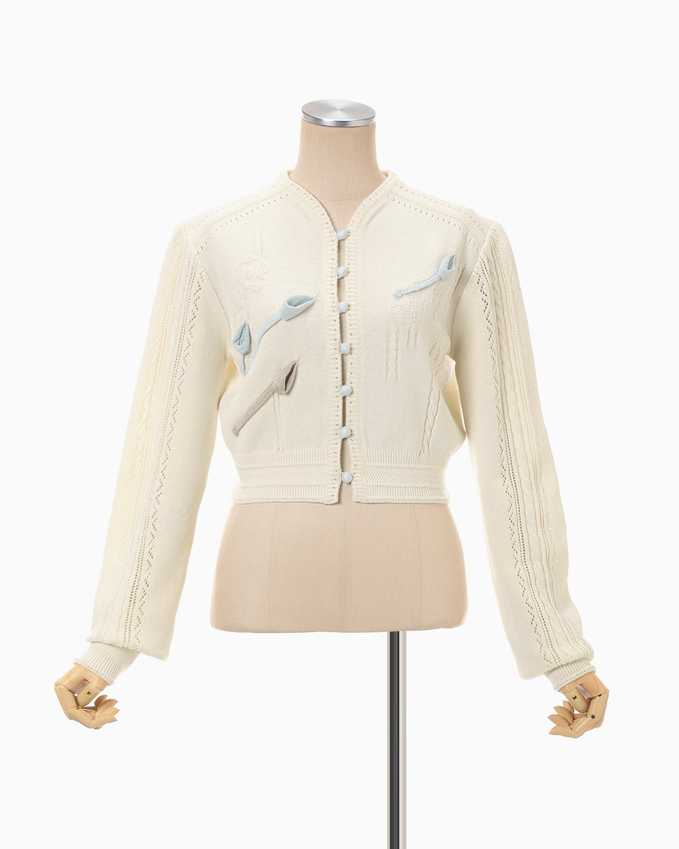 3D Floral Motif Knit Cardigan - ecru - Mame Kurogouchi