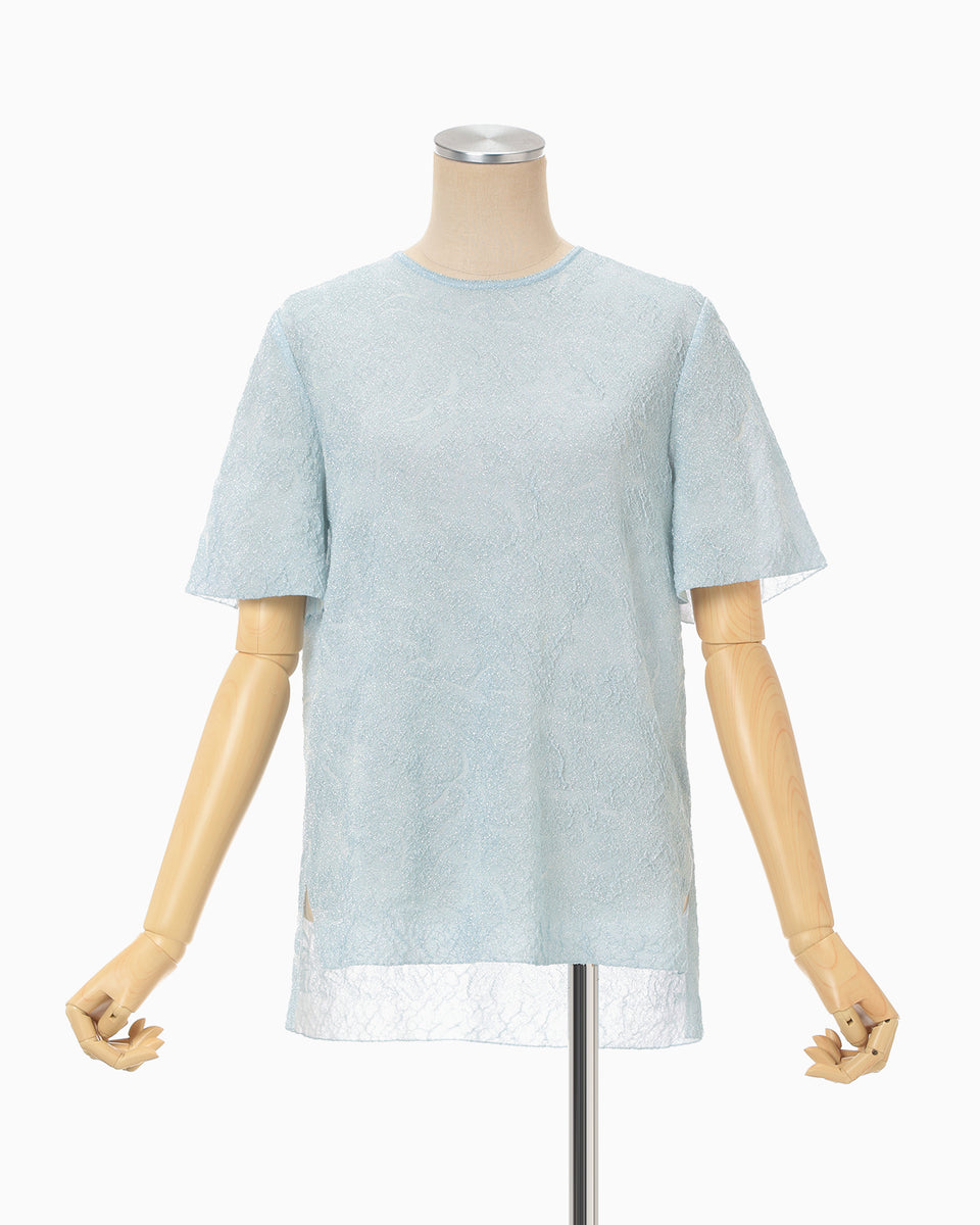 Floral Jacquard Sheer Short Sleeve Knit Top - blue - Mame Kurogouchi