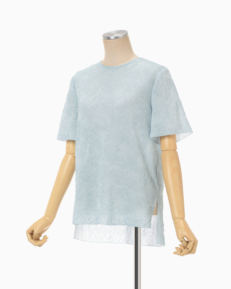 mame 刺繍T mamekuroguchi Floral Jacquard Sheer Short Sleeve Knit Top - blue - Mame Kurogouchi