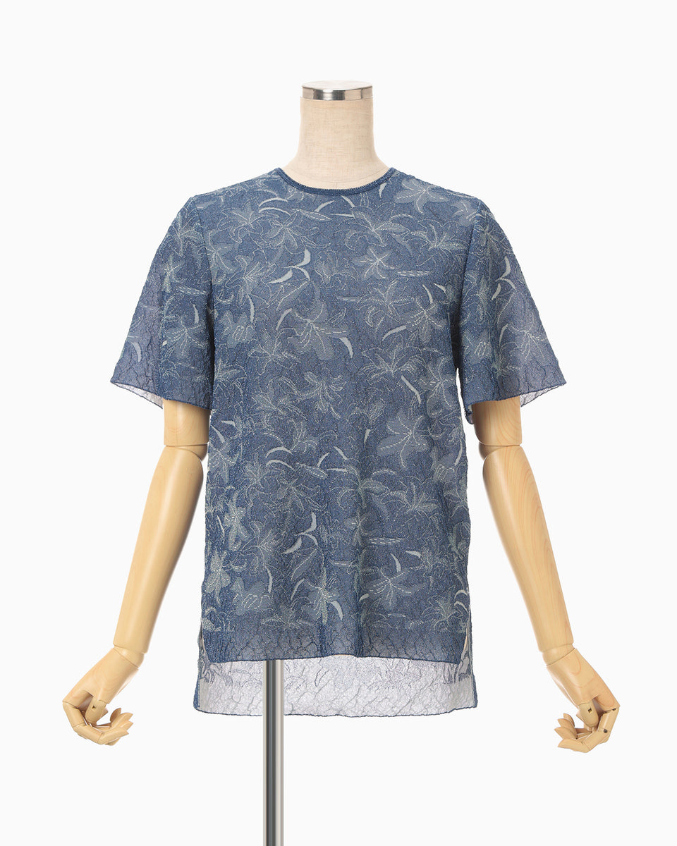 Floral Jacquard Sheer Short Sleeve Knit Top - navy - Mame Kurogouchi