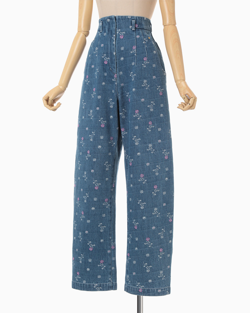 Floral Jacquard High Waisted Denim Trousers - blue - Mame Kurogouchi