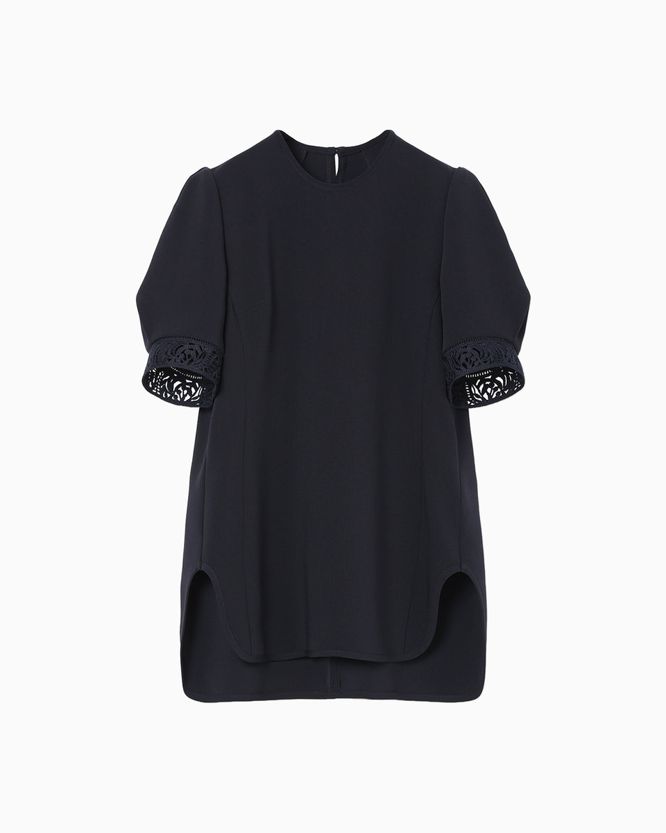 Triacetate Polyester Embroidered Short Sleeve Top - navy - Mame