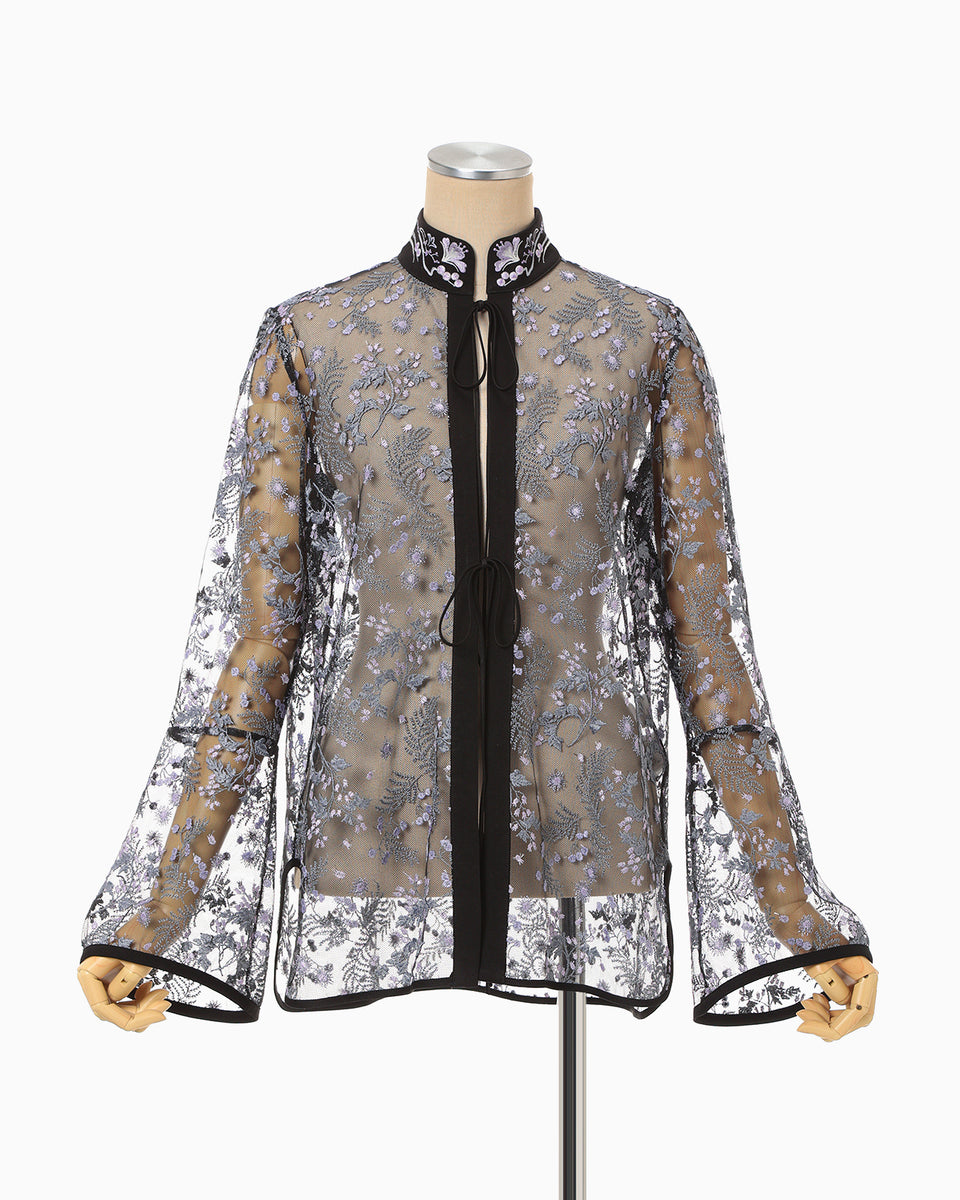 Tulle Lace Stand Collar Shirt - black - Mame Kurogouchi