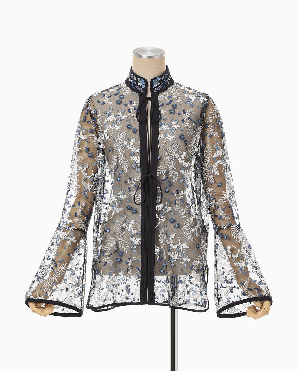 Tulle Lace Stand Collar Shirt - navy - Mame Kurogouchi