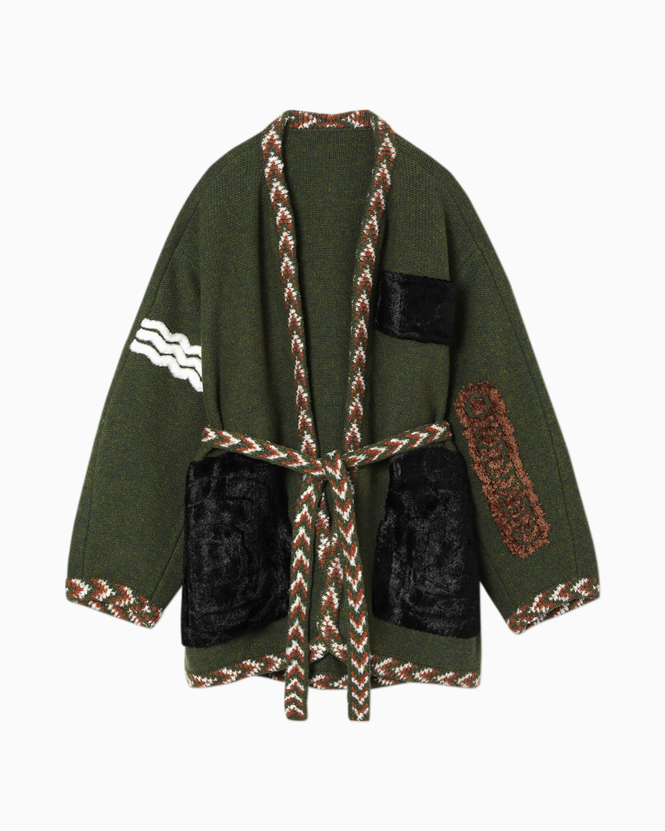 Jomon Pattern Knitted Robe - khaki - Mame Kurogouchi