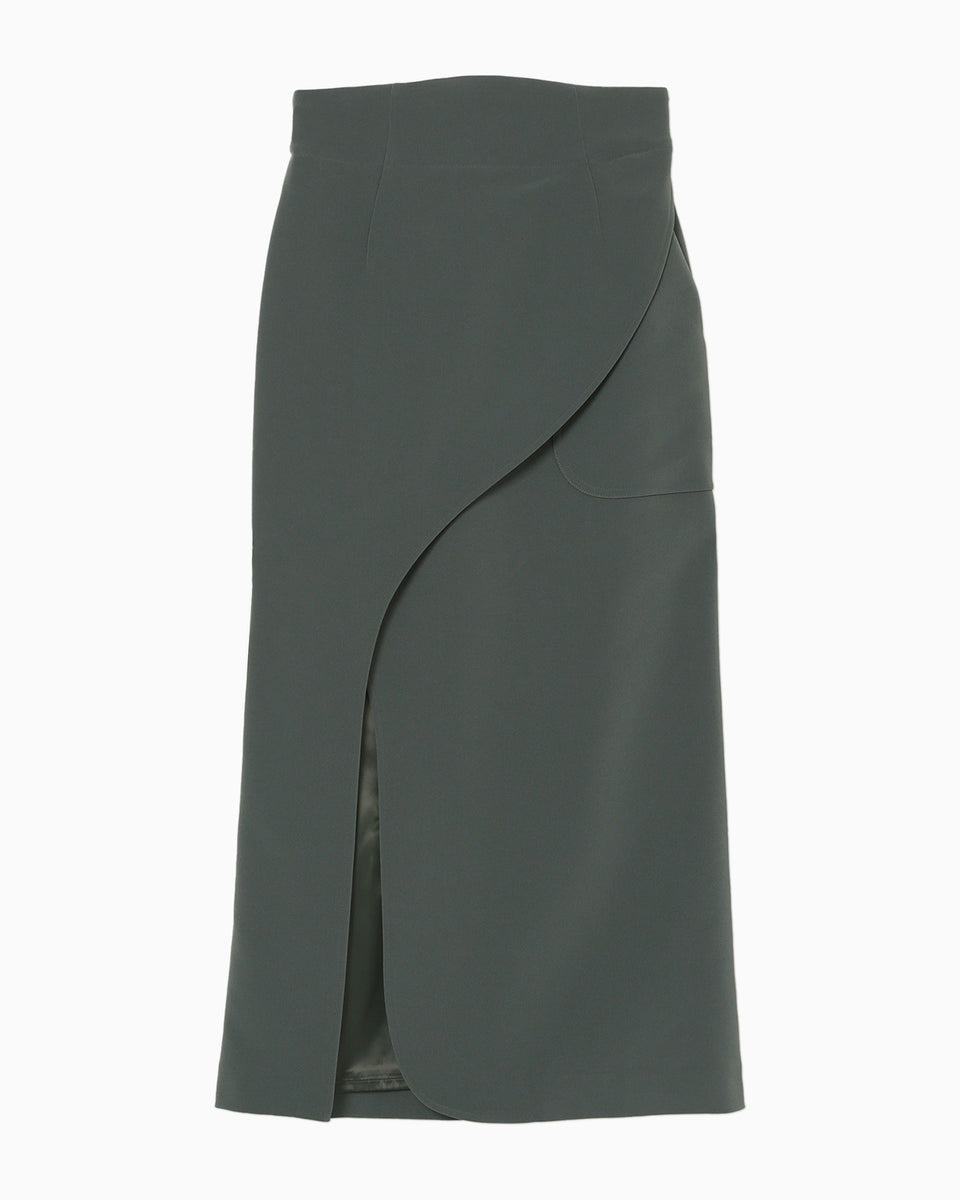 Acetate Polyester Curved Line Slit Skirt - khaki - Mame Kurogouchi