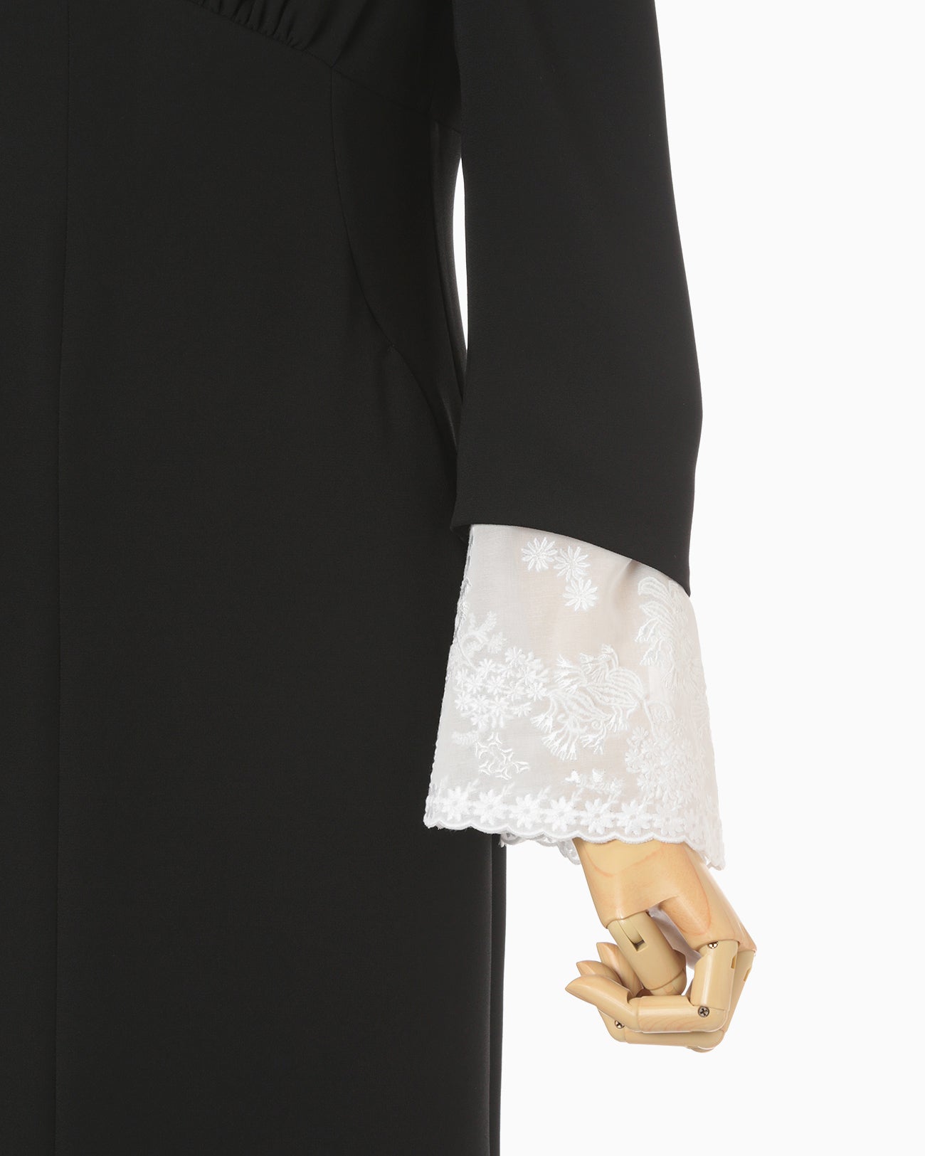 Back Satin Crepe Georgette Embroidered Cuffs I-Line Dress - black