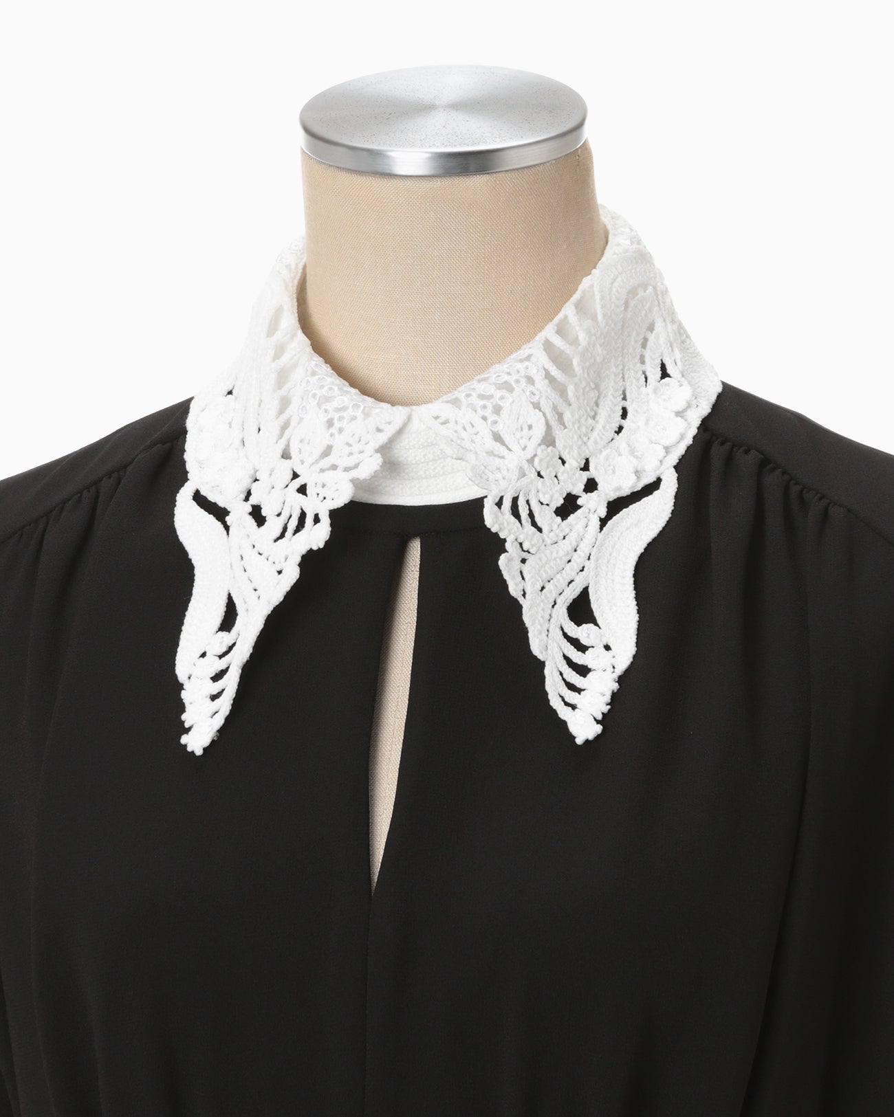 Back Satin Crepe Georgette Embroidered Collar Flared Dress - black