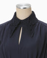 Back Satin Crepe Georgette Embroidered Collar Flared Dress - navy