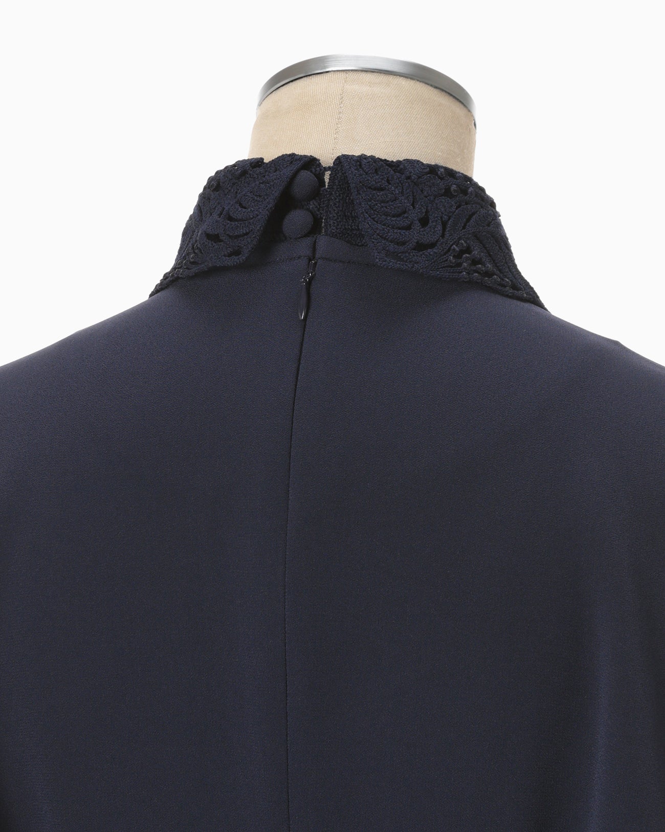 Back Satin Crepe Georgette Embroidered Collar Flared Dress - navy