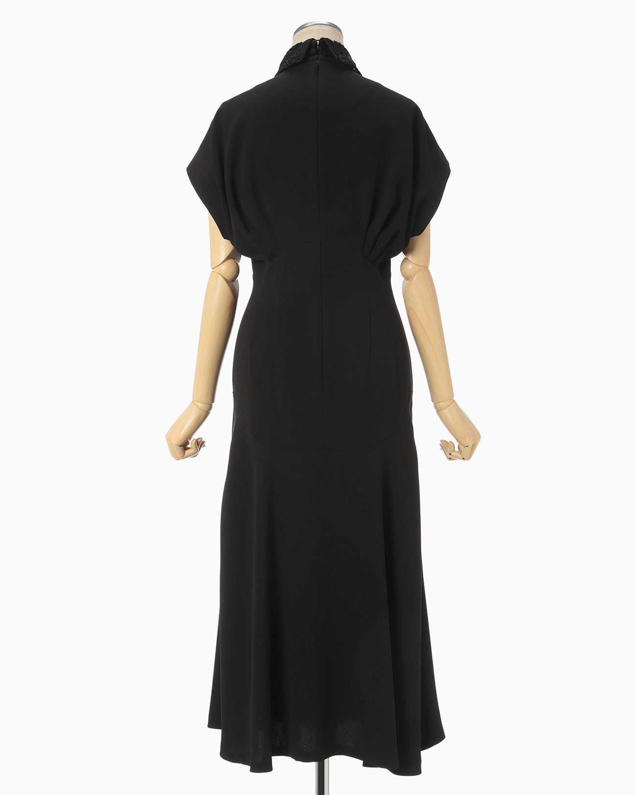 Back Satin Crepe Georgette Embroidered Collar Flared Dress - black × black