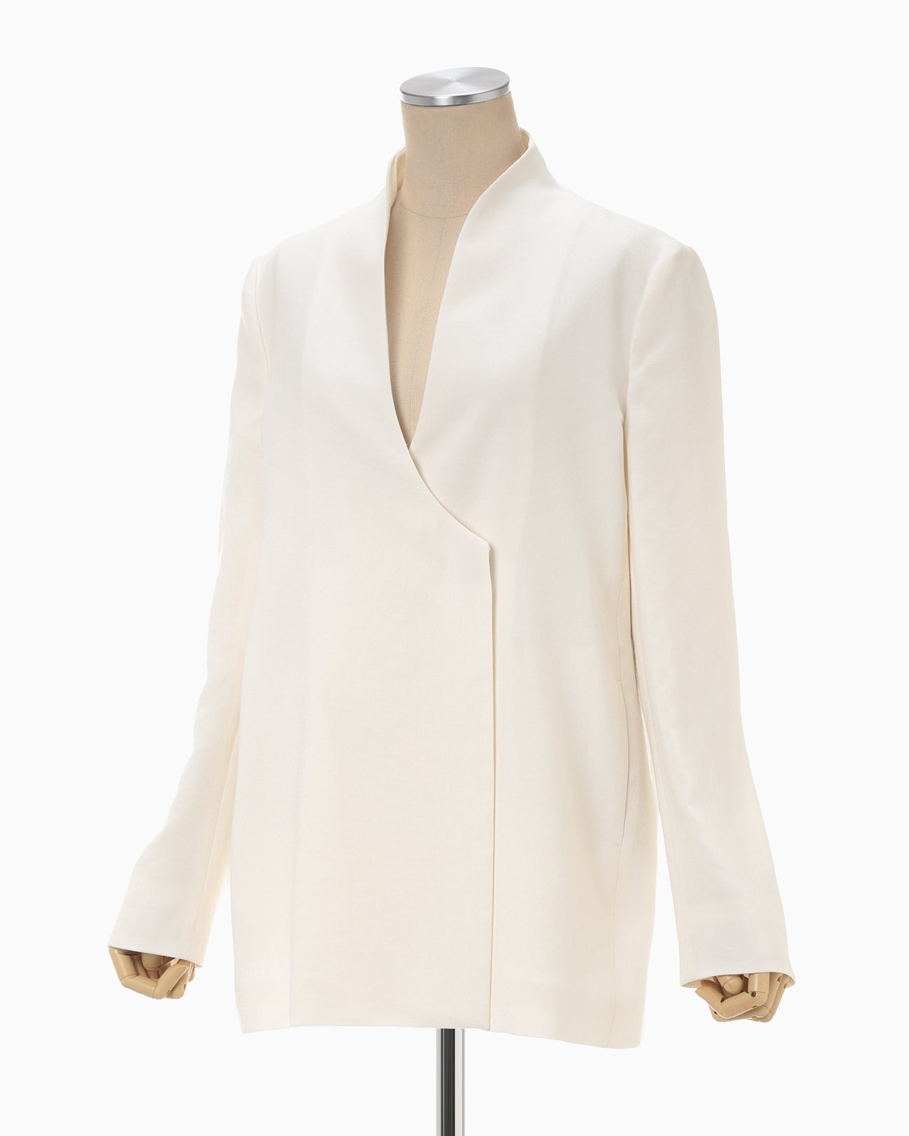 Linen Touch Triacetate Collarless Double Breasted Jacket - white