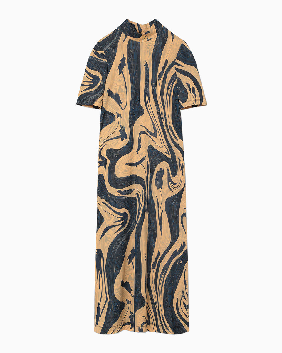 Marble Print Jersey High Neck Dress - beige - Mame Kurogouchi