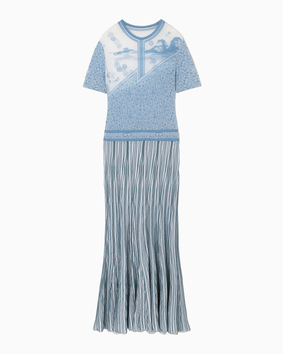 Landscape Graphic Sheer Knitted Dress - blue - Mame Kurogouchi