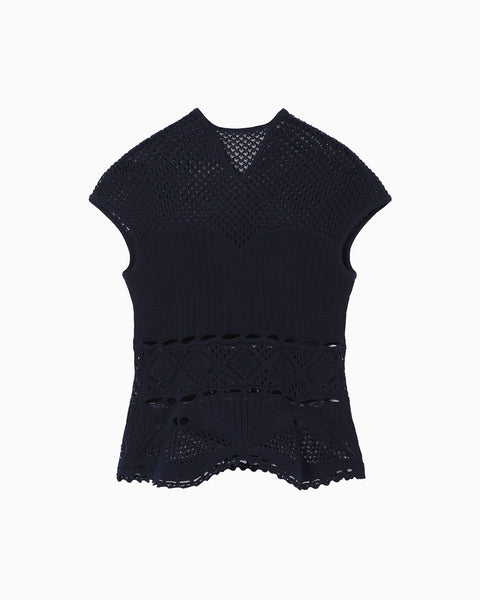 Cotton Lace Sleeveless Knitted Top - navy