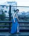 Floral Embossed Denim Skirt - blue